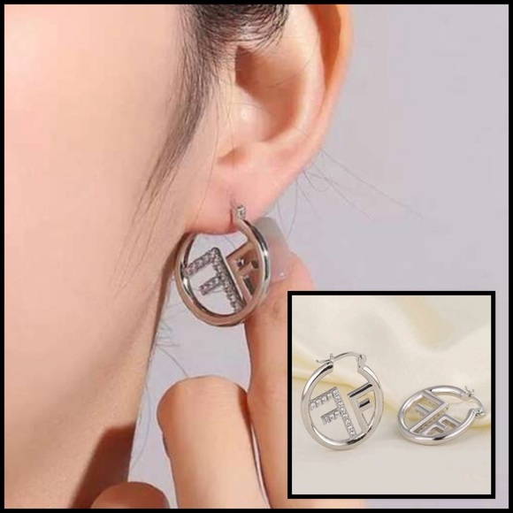 Silver FF Rhinestone Earrings Small Hoops - Picture 1 of 13